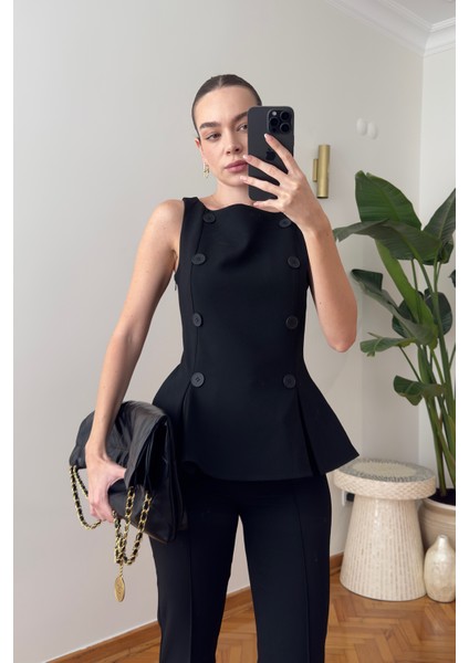 Premium Önü Düğmeli Kumaş Bluz- Siyah