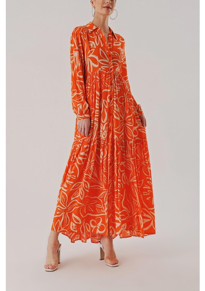 Turuncu Kemerli Rahat Gömlek Elbise 94389