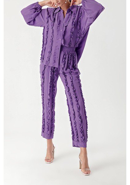 Lila Fırfır Detaylı Pantolon ve Gömlekli Takım 12312