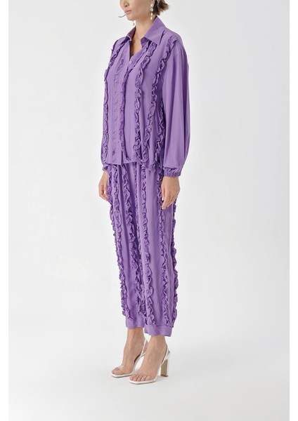 Lila Fırfır Detaylı Pantolon ve Gömlekli Takım 12312 modelleri