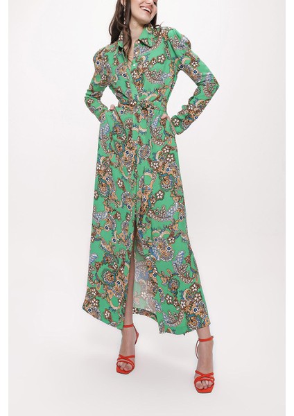 Yeşil Kolları Büzgülü Gömlek Elbise 94170