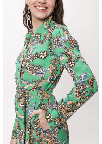 Yeşil Kolları Büzgülü Gömlek Elbise 94170 indirimleri