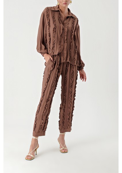 Kahve Fırfır Detaylı Pantolon ve Gömlekli Takım 12312
