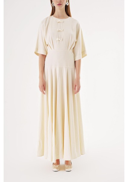 Ekru Geniş Kollu Kurdela Detaylı Volanlı Elbise 94538 fiyatları