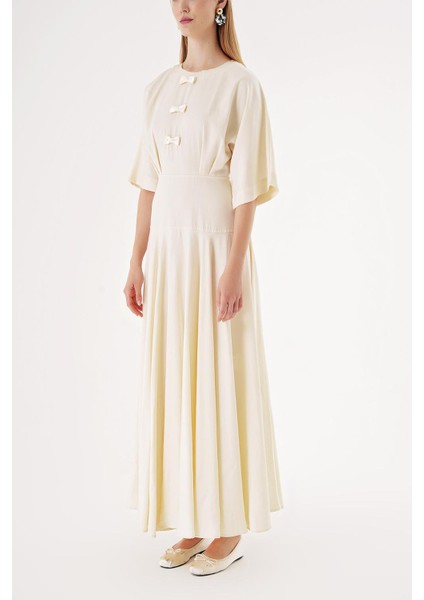 Ekru Geniş Kollu Kurdela Detaylı Volanlı Elbise 94538 modelleri