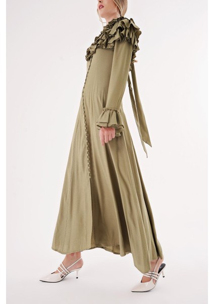 Haki Hakim Yaka Fırfır Detaylı Gömlek Elbise 94465