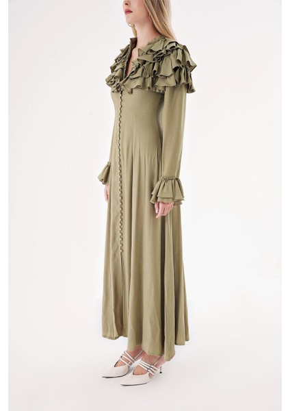 Haki Hakim Yaka Fırfır Detaylı Gömlek Elbise 94465 modelleri