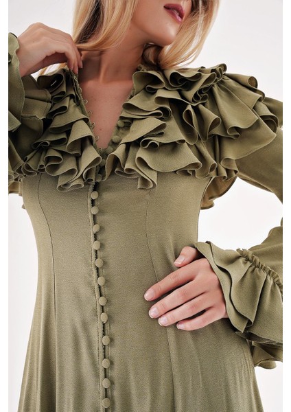 Haki Hakim Yaka Fırfır Detaylı Gömlek Elbise 94465 indirimleri