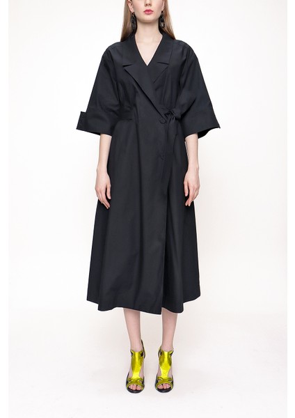 Siyah Anvelop Kapama Poplın Elbise 93540