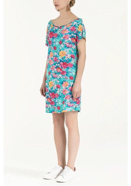 Mavi Desenli Örme Mini Elbise 91021