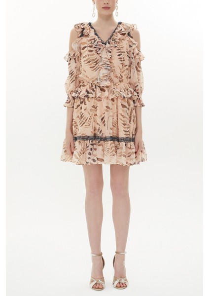 Bej Omuzu Dekolte Mini Elbise 93139