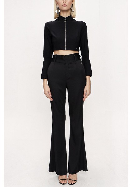 Siyah Fermuarlı Kısa Bluz 19838