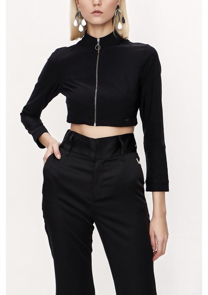 Siyah Fermuarlı Kısa Bluz 19838 indirimleri