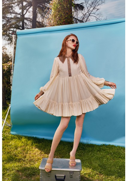 Bej Büzgülü Kısa Vual Elbise 93508
