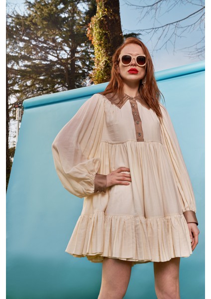 Bej Büzgülü Kısa Vual Elbise 93508