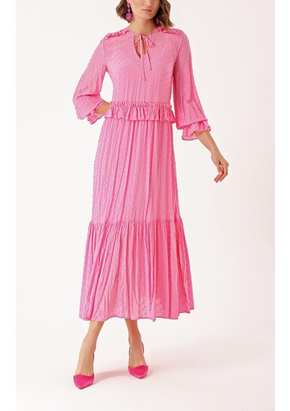 Pembe Valon Detaylı Bol Kesim Elbise 93936