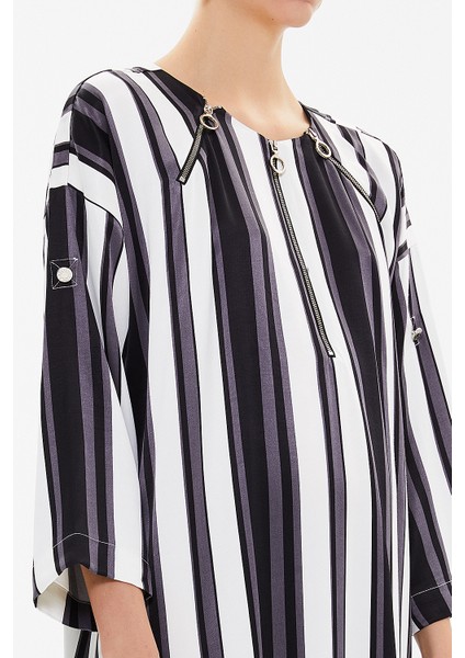 Çizgili Fermuar detaylı desenli midi elbise 92294