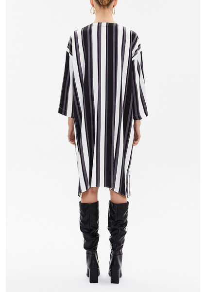 Çizgili Fermuar detaylı desenli midi elbise 92294