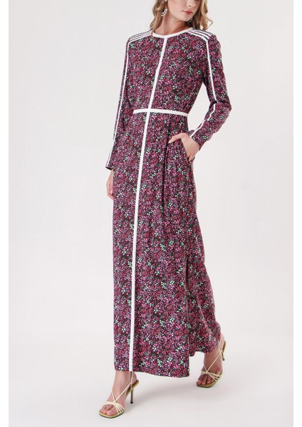 Pembe Kontrast Biye Detaylı Uzun Elbise 94110