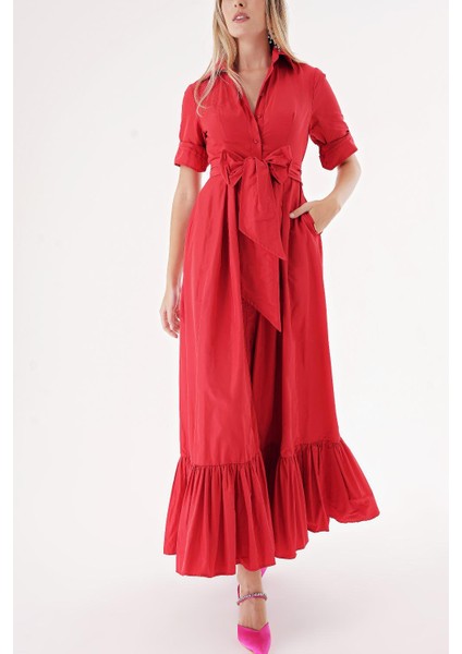 Kırmızı Kemerli Etek Ucu Büzgülü Uzun Gömlek Elbise 94207