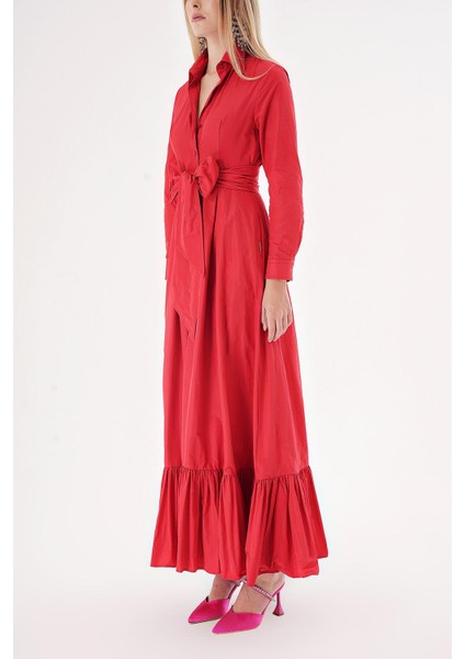 Kırmızı Kemerli Etek Ucu Büzgülü Uzun Gömlek Elbise 94207 modelleri