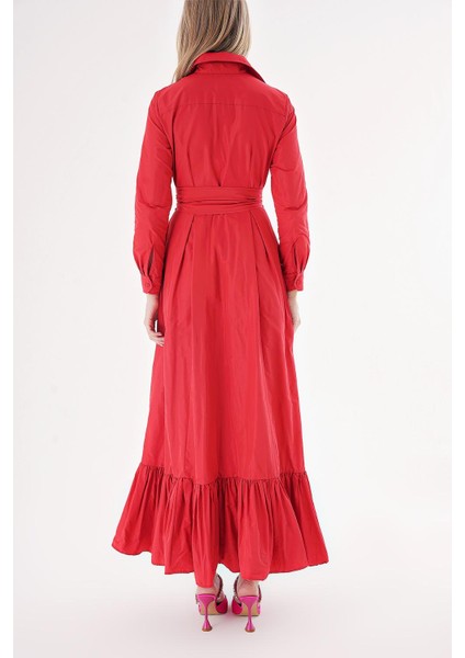 Kırmızı Kemerli Etek Ucu Büzgülü Uzun Gömlek Elbise 94207 fırsatları