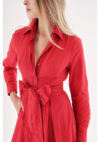 Kırmızı Kemerli Etek Ucu Büzgülü Uzun Gömlek Elbise 94207 indirimleri