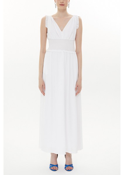 Beyaz Beli Lastikli V Yaka Kolsuz Uzun Elbise 93348