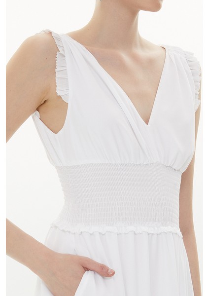 Beyaz Beli Lastikli V Yaka Kolsuz Uzun Elbise 93348 fiyatları