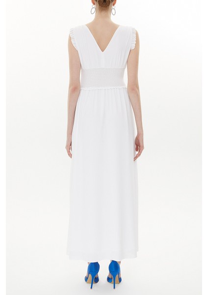 Beyaz Beli Lastikli V Yaka Kolsuz Uzun Elbise 93348 modelleri