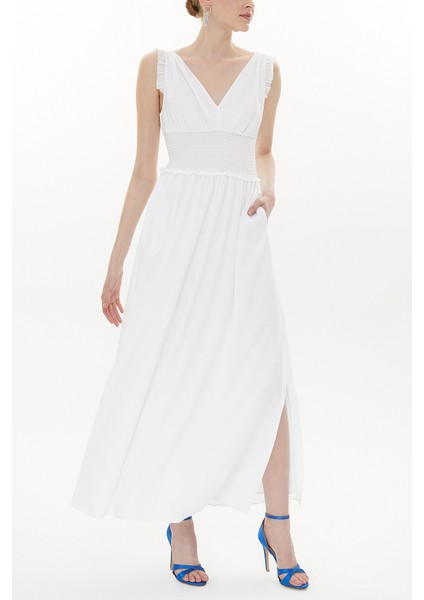 Beyaz Beli Lastikli V Yaka Kolsuz Uzun Elbise 93348 fırsatları