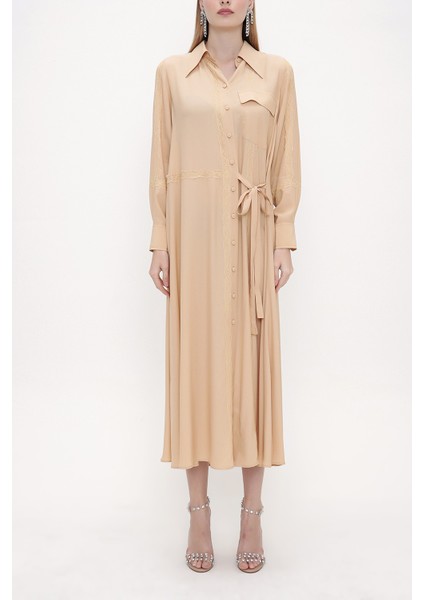 Bej Dantel Detaylı Gömlek Elbise 93826