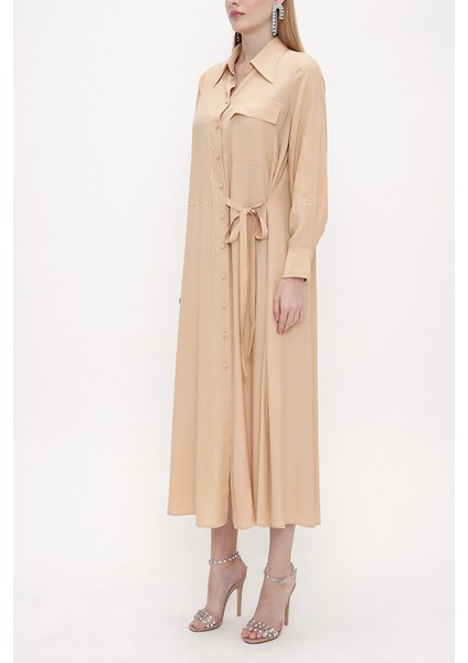 Bej Dantel Detaylı Gömlek Elbise 93826