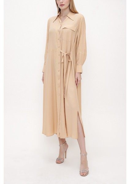 Bej Dantel Detaylı Gömlek Elbise 93826 indirimleri