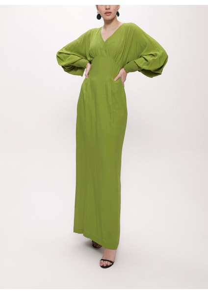 Yeşil Korsiyaj Detaylı V Yaka Uzun Elbise 94163