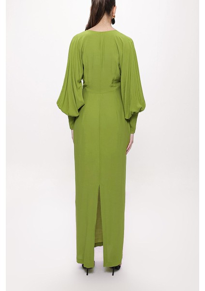 Yeşil Korsiyaj Detaylı V Yaka Uzun Elbise 94163
