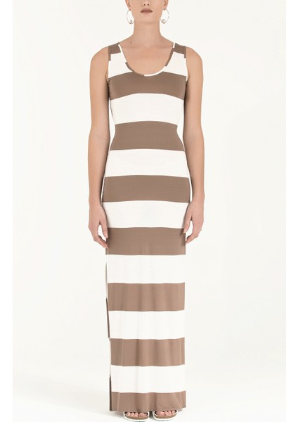 Bej Kolsuz Örme Uzun Elbise 92041