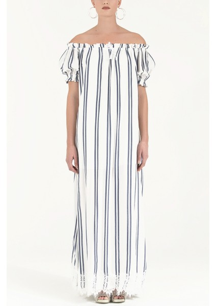 Mavi Düşük Omuzlu Lastikli Uzun Elbise 92355