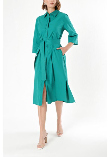 Yeşil Kemerli Bol Poplin Elbise 93995