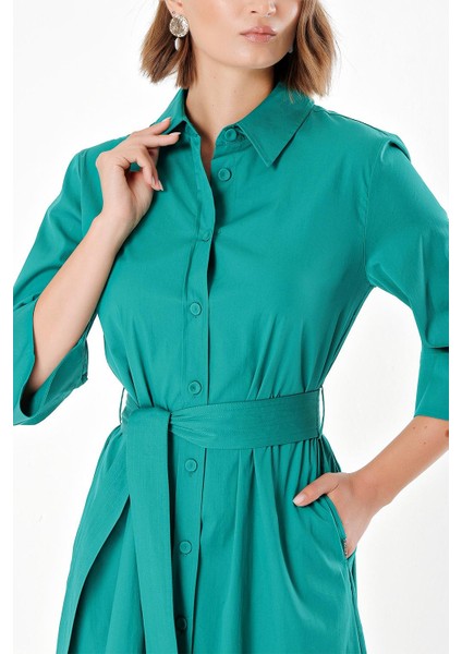 Yeşil Kemerli Bol Poplin Elbise 93995 indirimleri