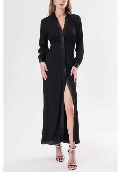 Siyah Beli Büzgü Detaylı Gömlek Elbise 94152