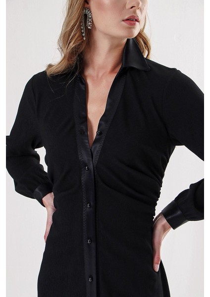 Siyah Beli Büzgü Detaylı Gömlek Elbise 94152 indirimleri