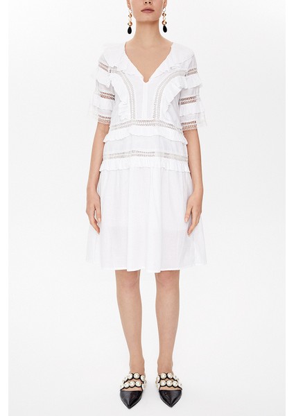 Beyaz Dantel ve Volan Detaylı Midi Elbise 92311