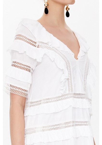 Beyaz Dantel ve Volan Detaylı Midi Elbise 92311 modelleri