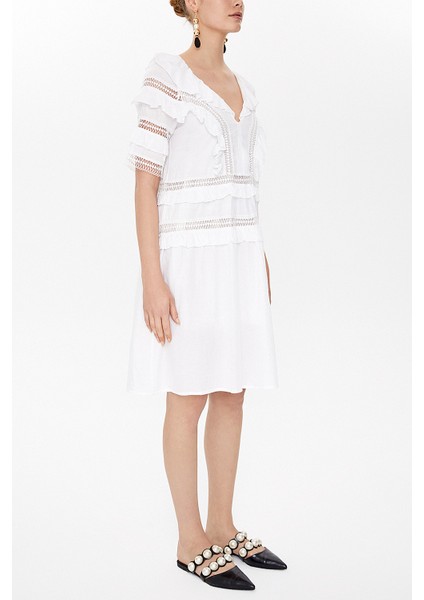 Beyaz Dantel ve Volan Detaylı Midi Elbise 92311 indirimleri