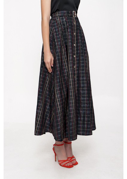 Ekose Beli Lastikli Düğmeli Midi Etek 81211 modelleri