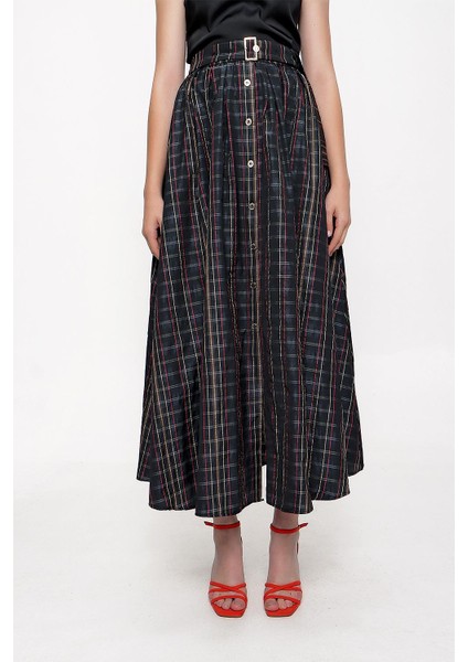 Ekose Beli Lastikli Düğmeli Midi Etek 81211 indirimleri