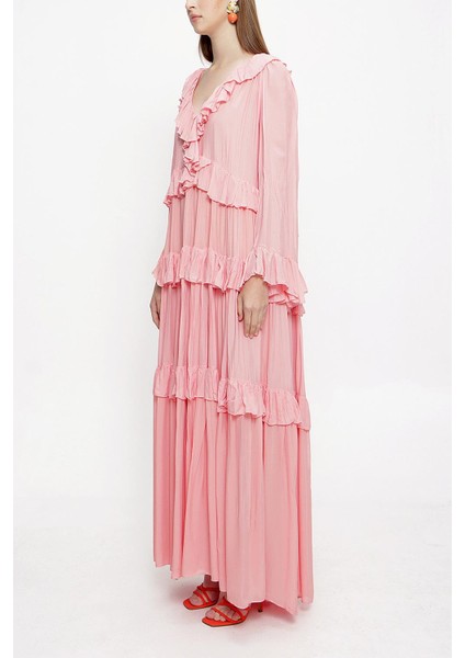 Pembe Büzgülü Bol Kesim Elbise 94037