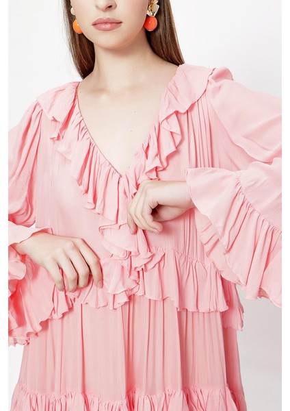 Pembe Büzgülü Bol Kesim Elbise 94037