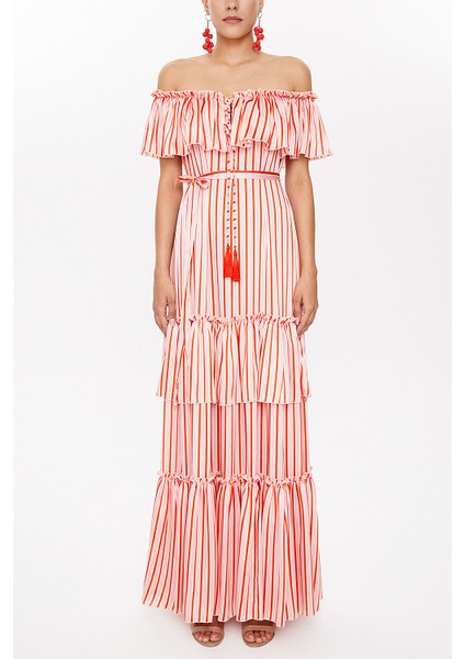 Çizgili Düşük Omuz Kemerli Elbise 93231